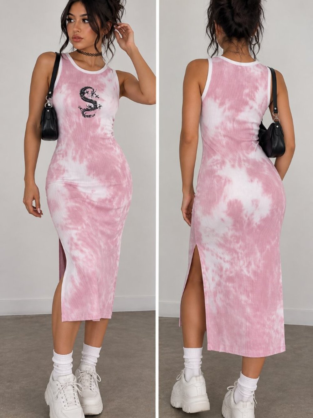 MRT 1030 Pink Tie Dye Ribbed Dragon Bodycon Tank Dress Size L